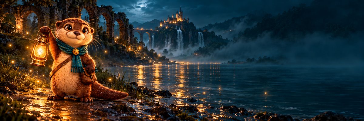 Wick raising his lantern beside the moonlit river